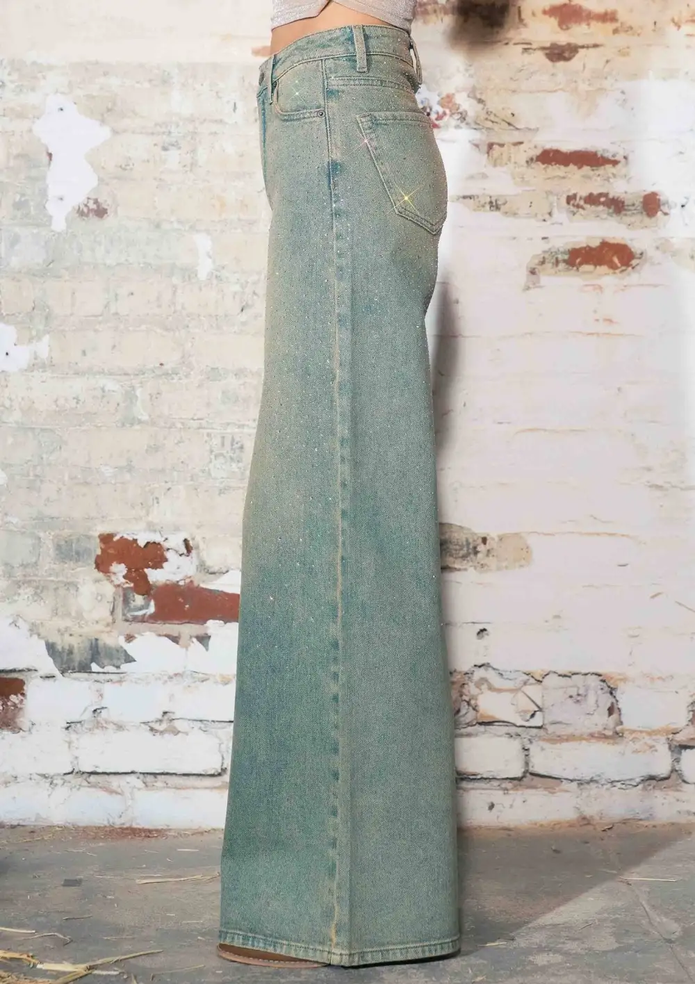 Faded Rhinestone Wide Leg Jeans