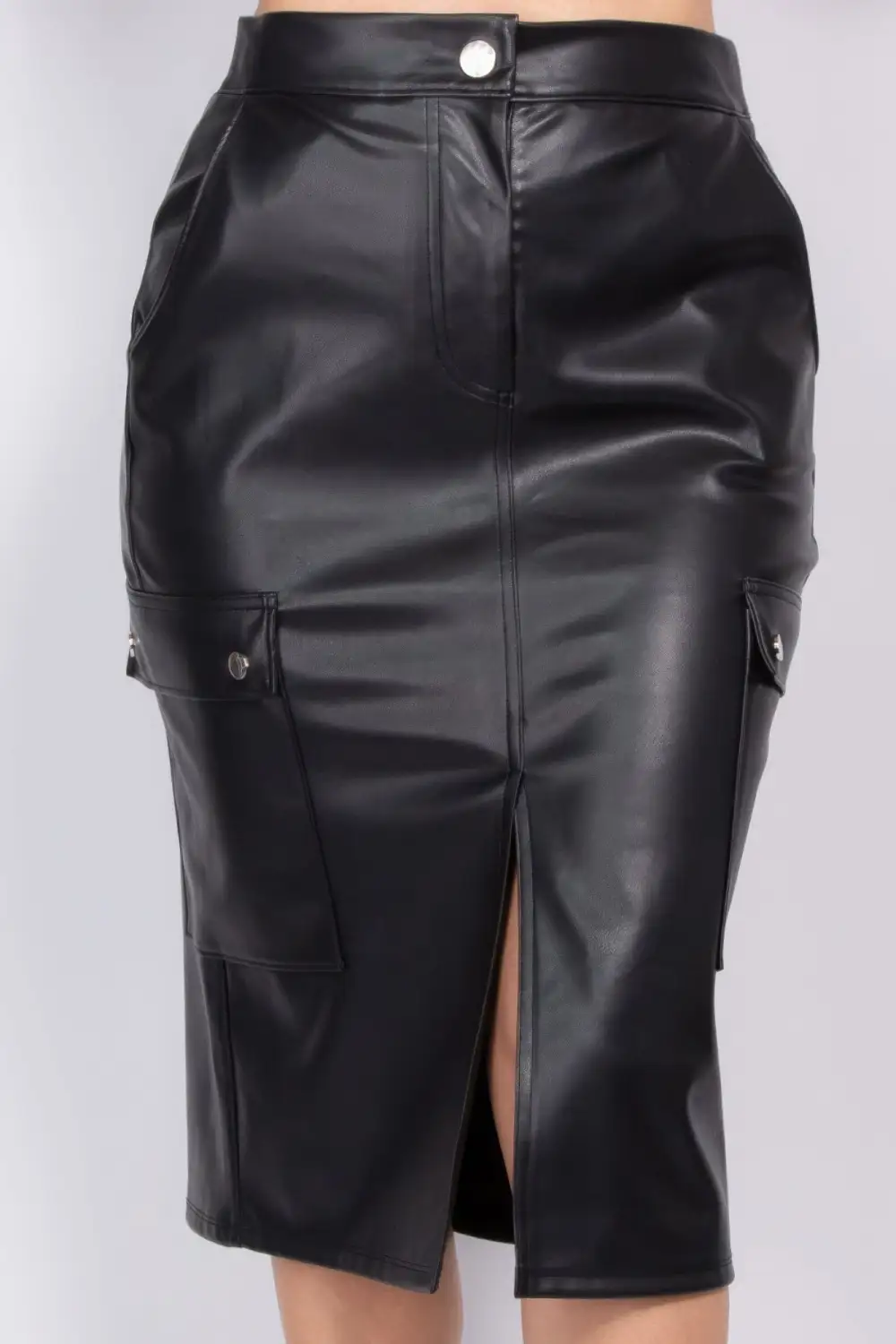 Button Front Faux Leather Skirt