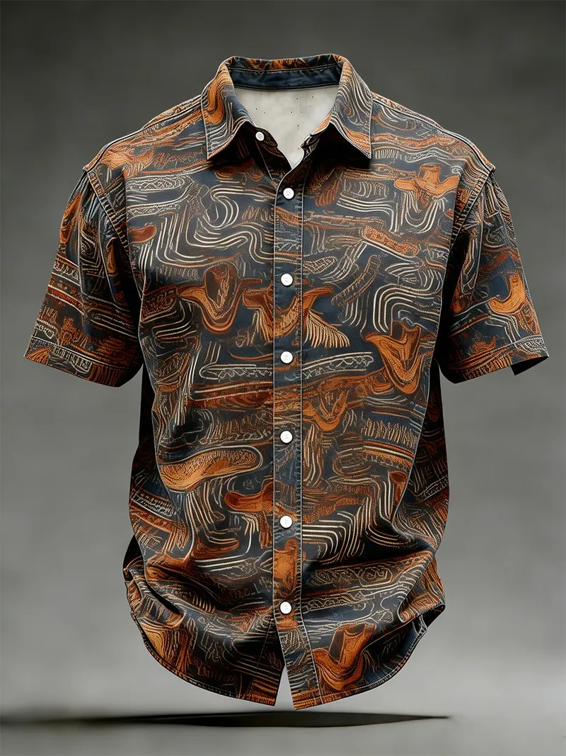 Men's Vintage Western Cowboy Hat Print Short Sleeve Button Down Shirt