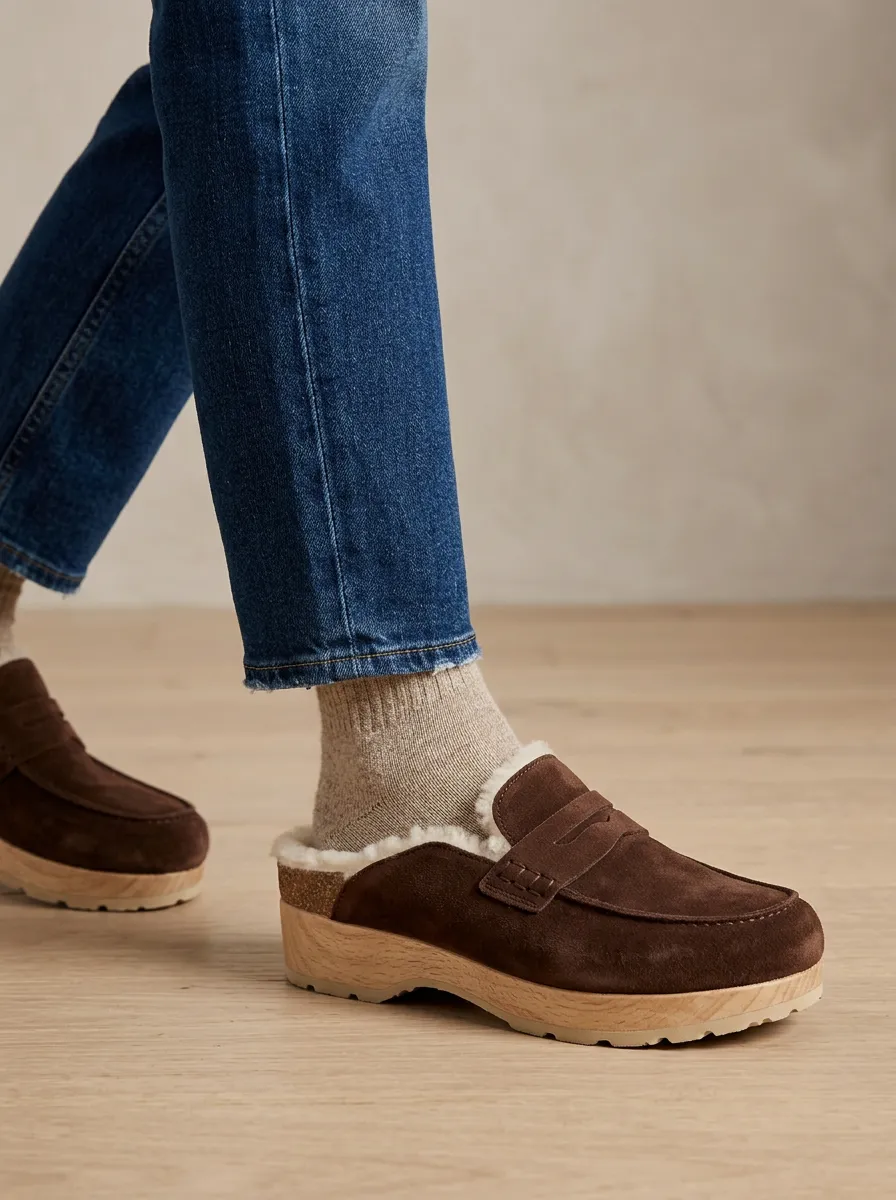 Women's Rugged Faux Fur Lined Clog Style Winter Suede Wood Sole Loafers