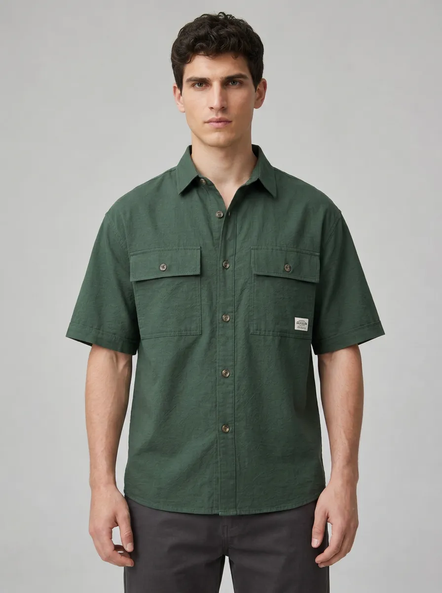 Men's Casual Summer Green Double Pocket Short Sleeve Shirt