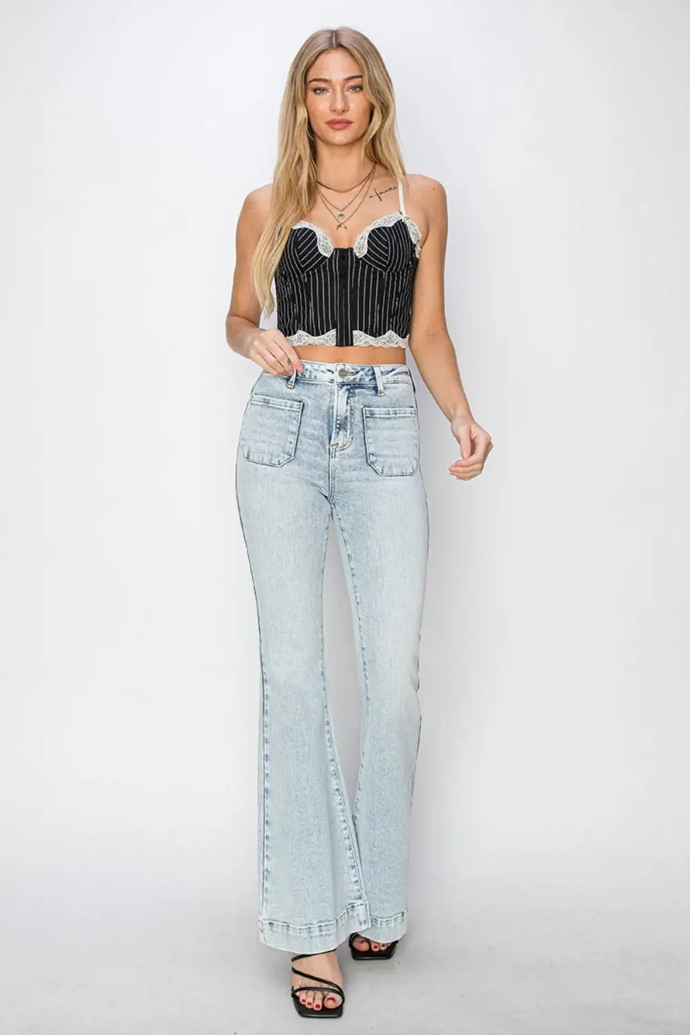 Structured High Waist Flare Leg Pocketed Denim Jeans