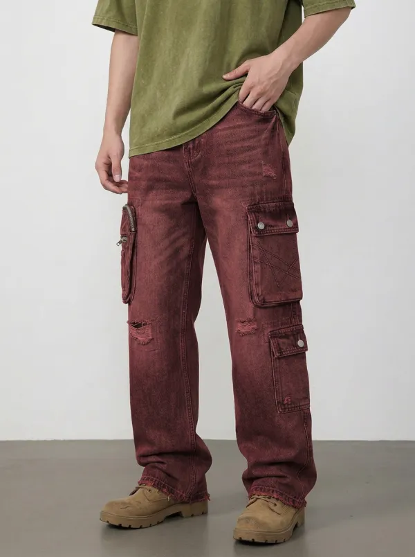 Men's Ridge Vintage Distressed Multi-Pocket Denim Cargo Jeans