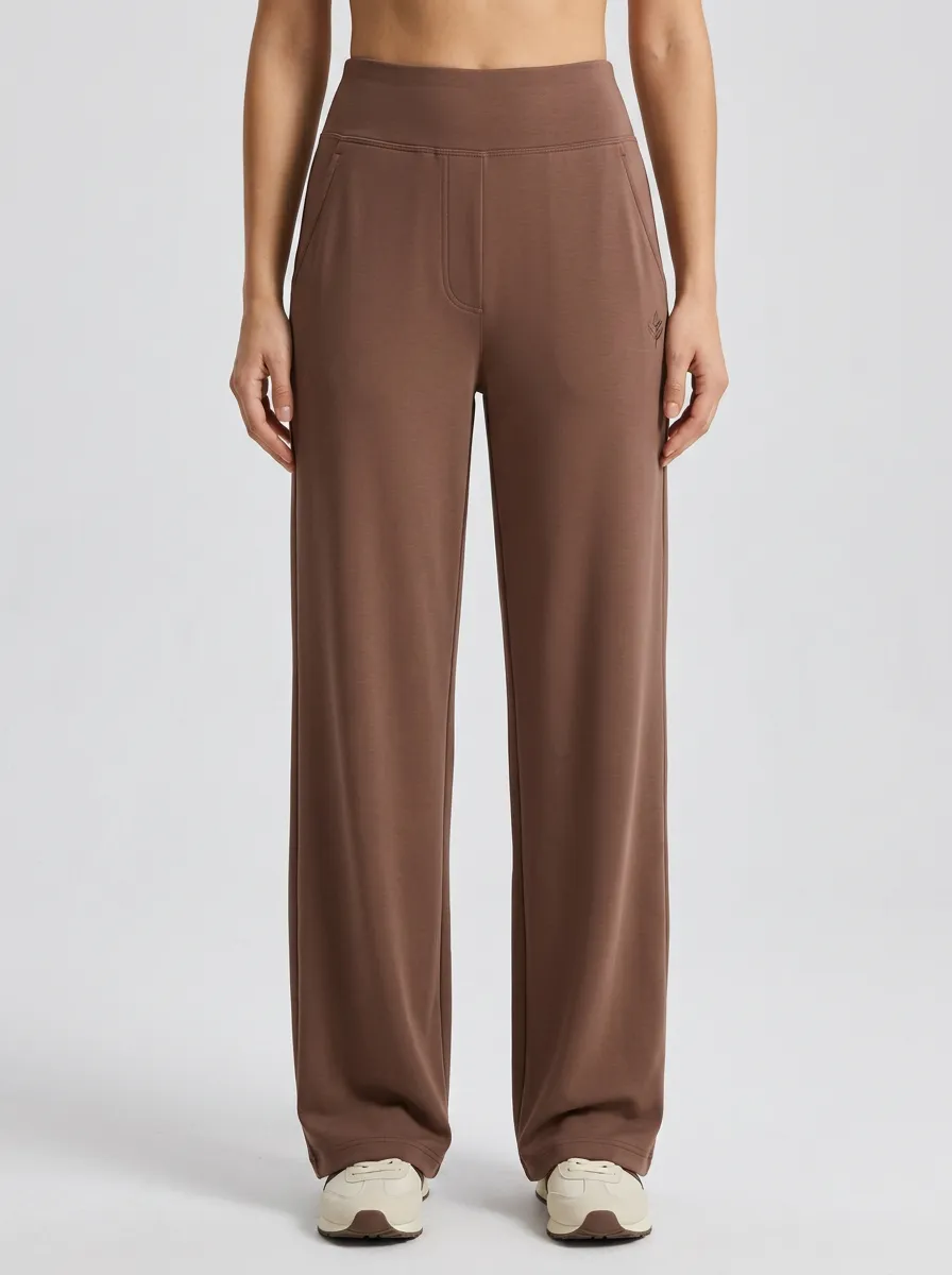 Women's Minimalist Solid Brown Leaf Logo Printed Wide Leg Pants