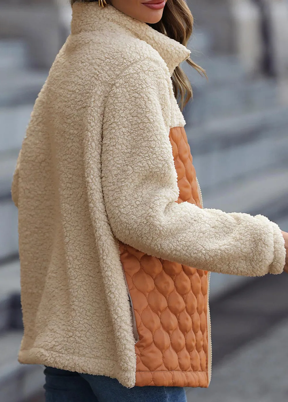 Orange Pocket Long Sleeve Turn Down Collar Coat