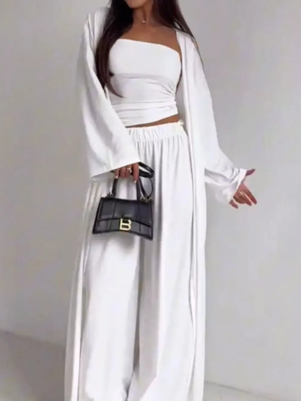 Tube Top & Cardigan & Wide Leg Pants Piece