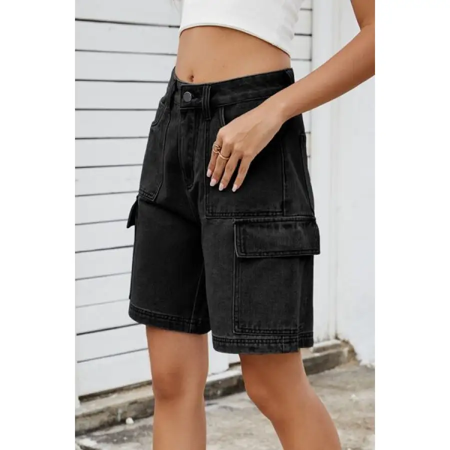 High Rise Pocketed Cargo Denim Shorts