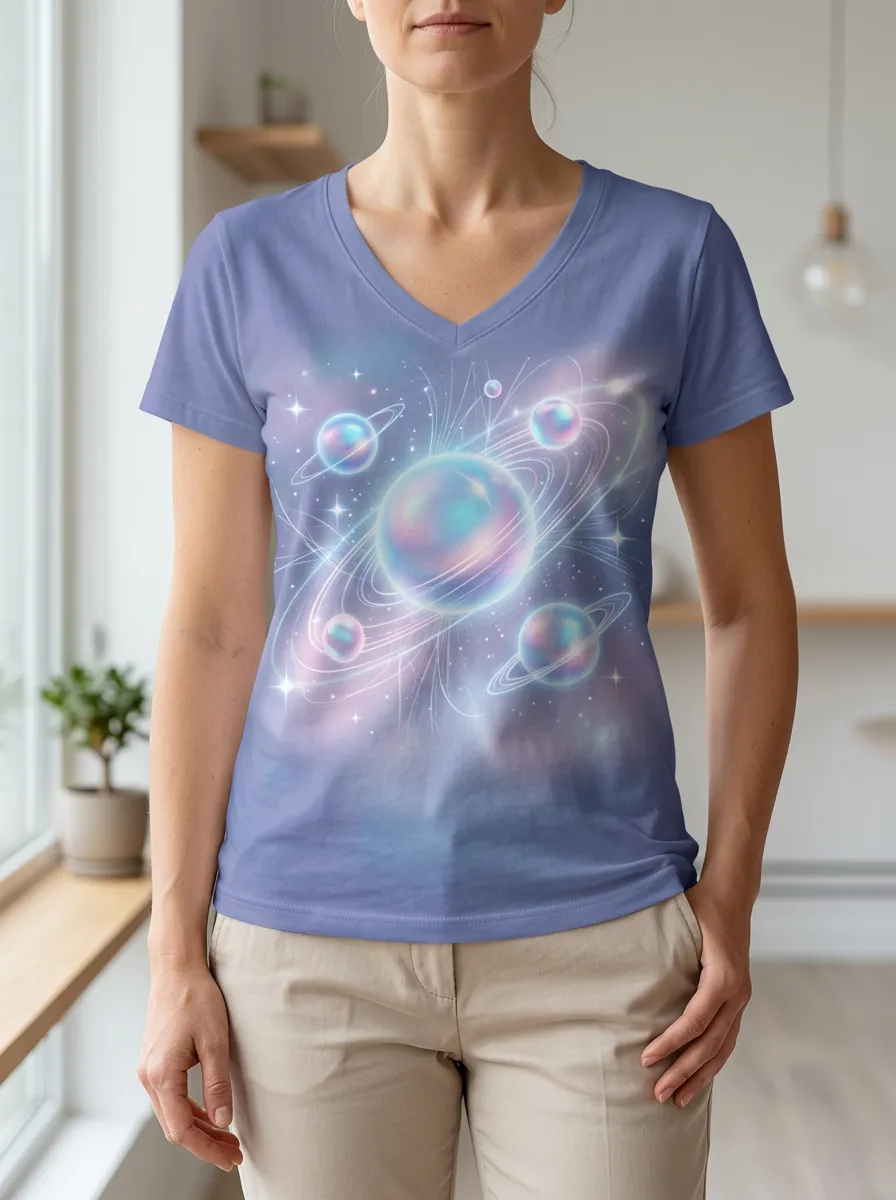 Women's Space Astronomy Holographic Planet Printed V-Neck T-Shirt