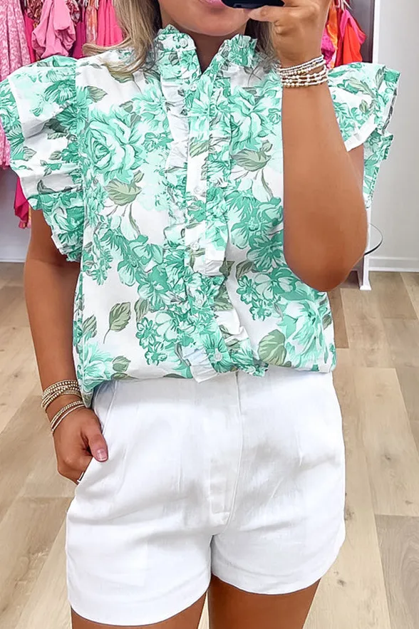 Floral Ruffled Button Front Shirt Blouse