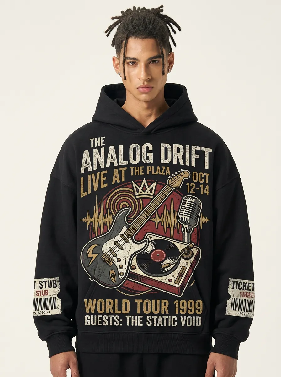 Men's Rock Band Music Lover Guitar Vinyl Record Printed Hoodie
