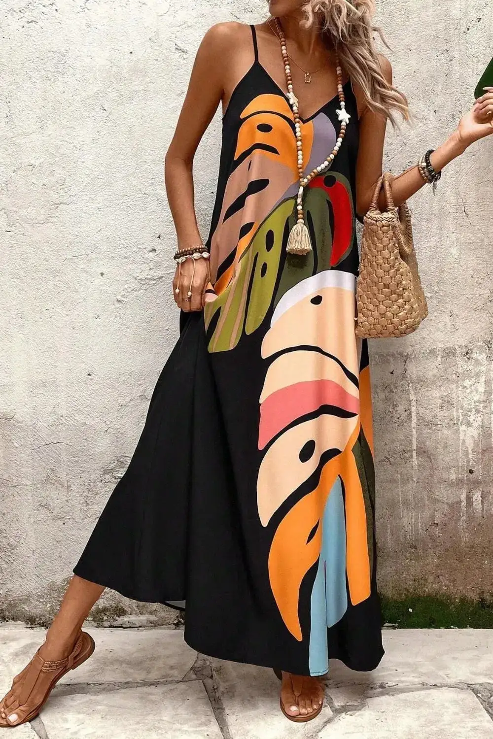 Leaf Print V-Neck Maxi Cami Dress