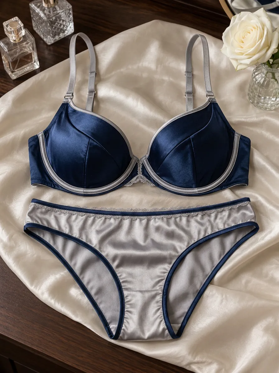 Women's Satin Lace Trimmed And Contrast Trim Lingerie Set