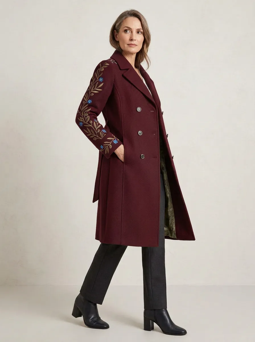 Women's Floral Sleeve Embroidered Wool Coat