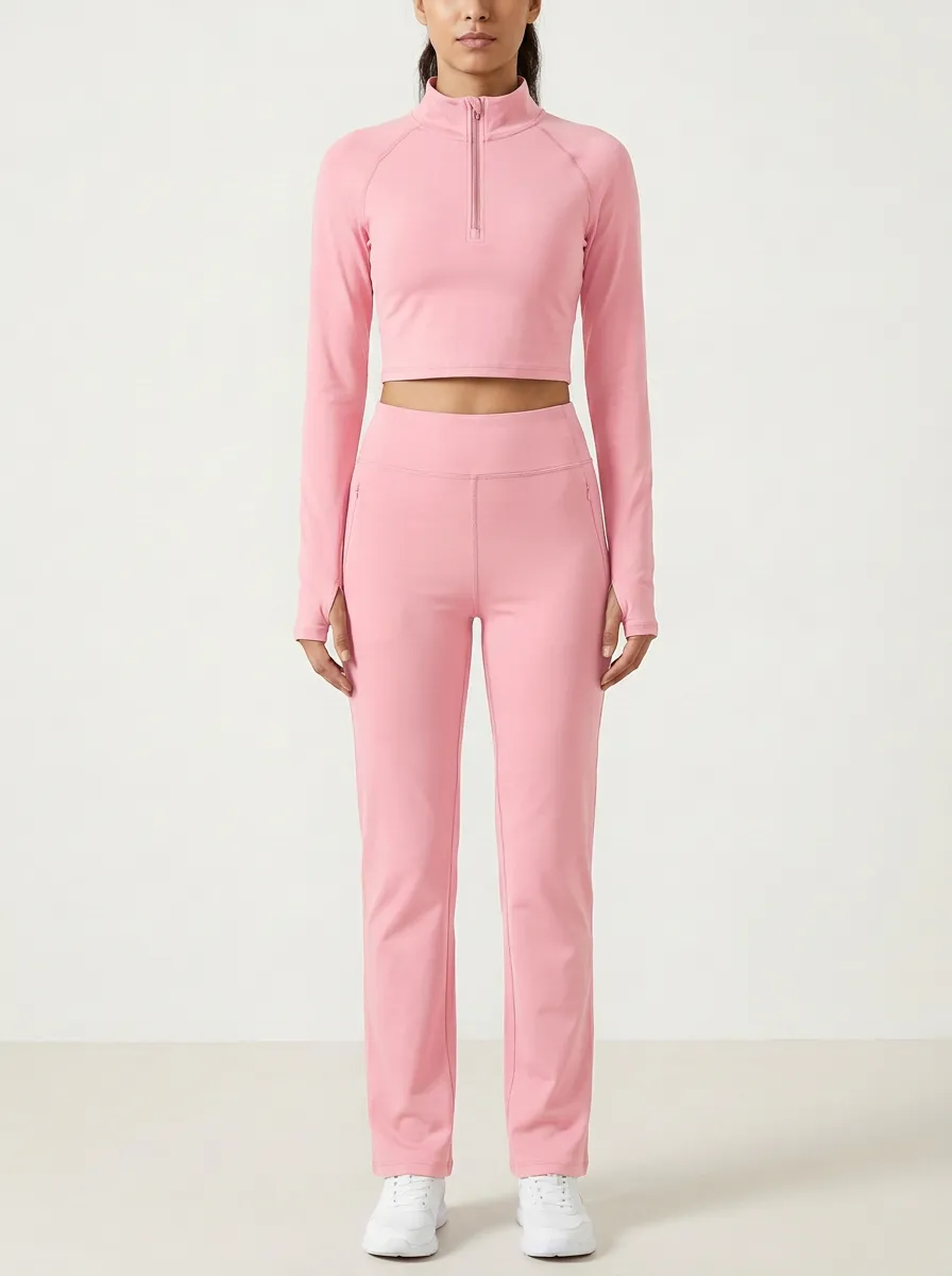 Women's Stand-Collar Half-Zip Thumbhole Crop Top and Zip-Pocket Pant Set