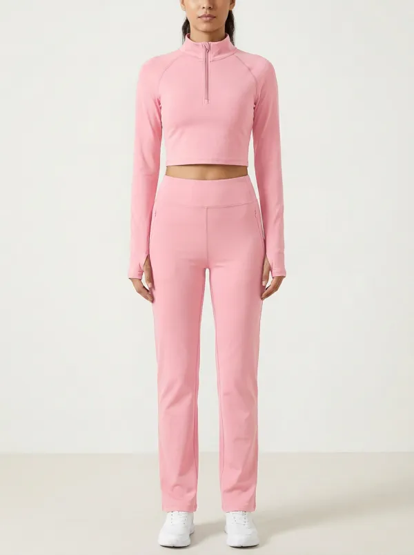 Women's Stand-Collar Half-Zip Thumbhole Crop Top and Zip-Pocket Pant Set