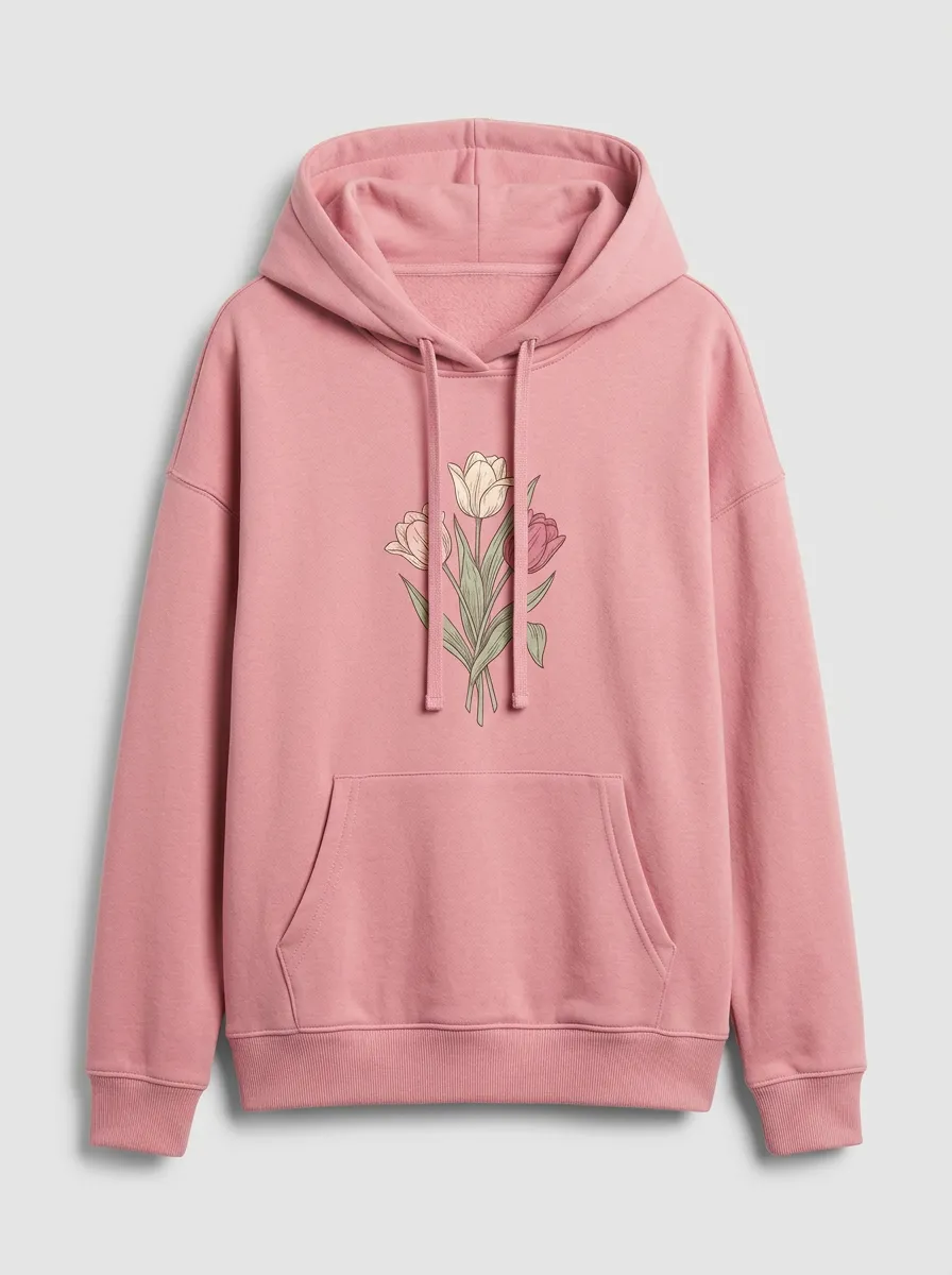 Women's Hooded Drawstring Graphic-Print Floral Rib-Trim Hoodie