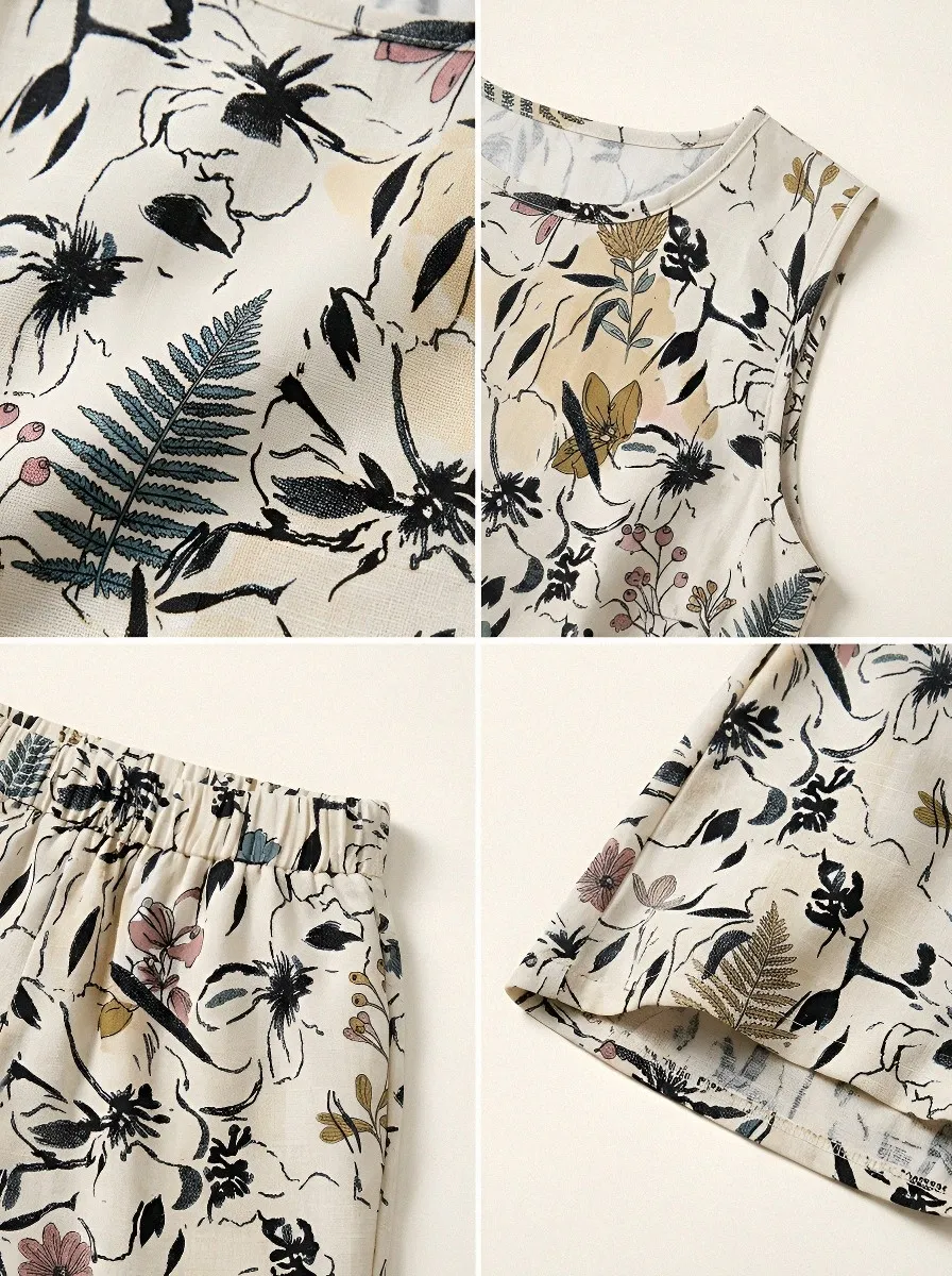 Women's Botanical Floral Fern Printed Sleeveless Short Set