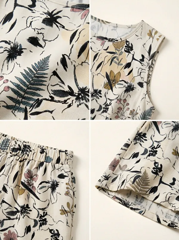 Women's Botanical Floral Fern Printed Sleeveless Short Set