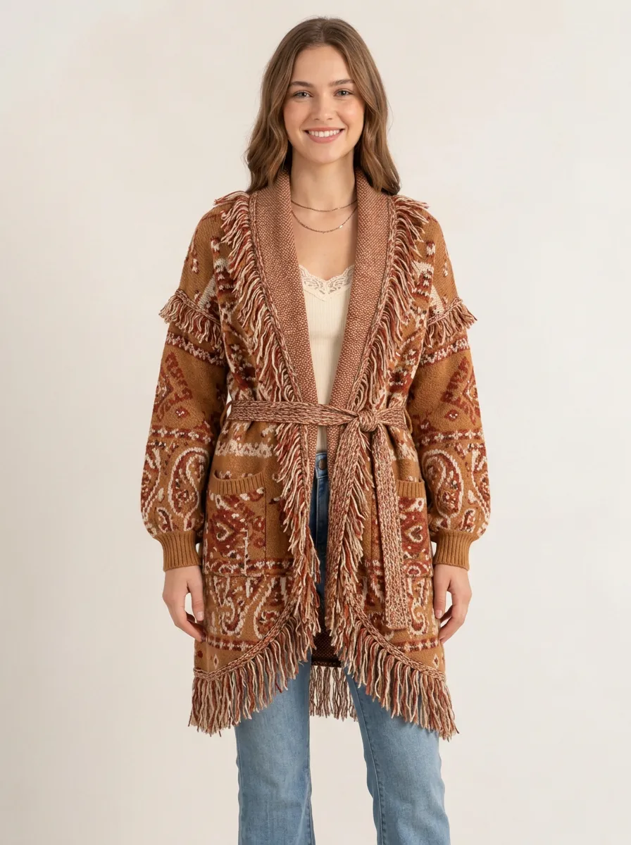 Women's Boho Paisley Pattern Fringe Trim Belted Cardigan
