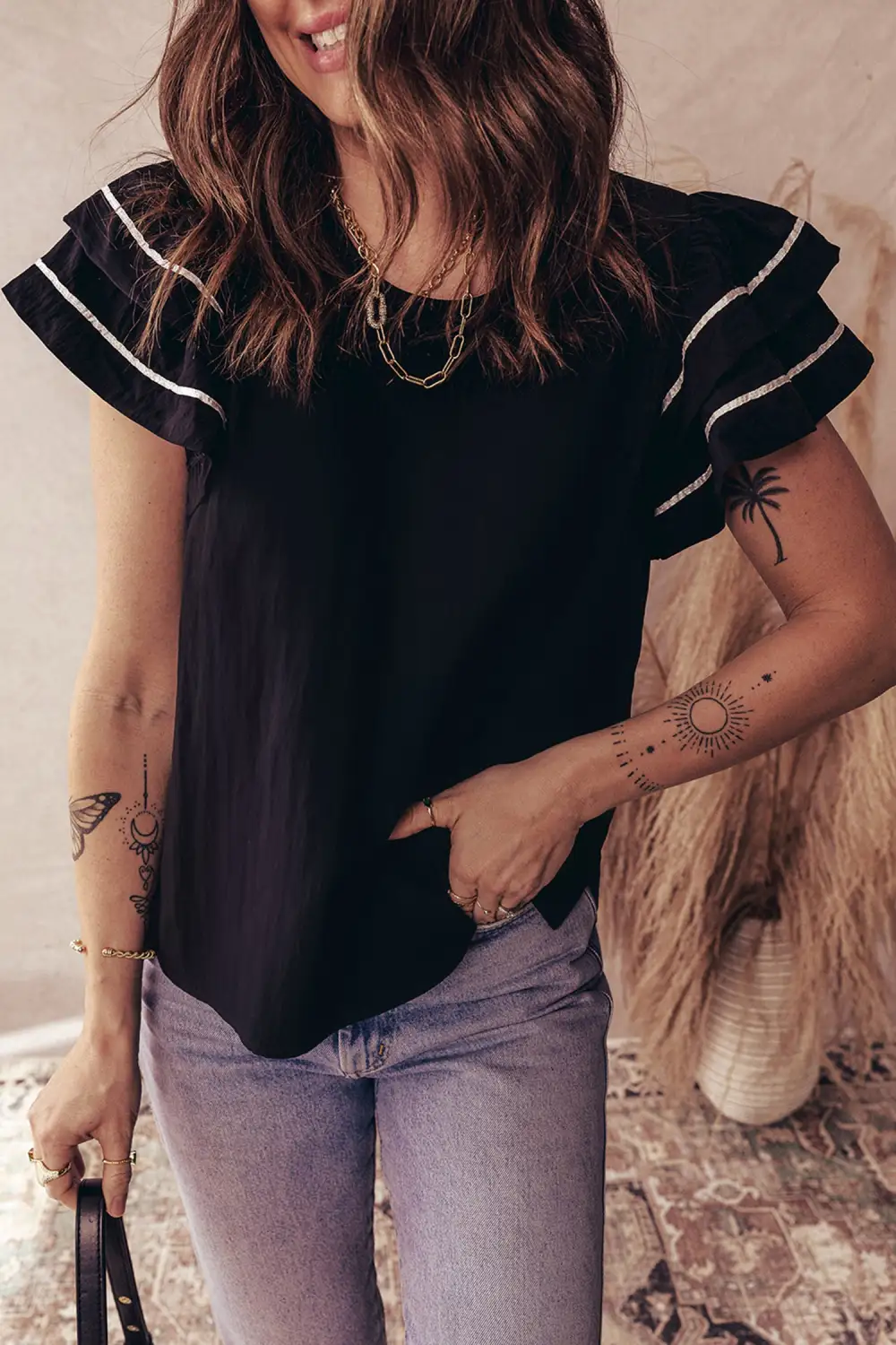 Women's Textured Short Sleeve Ruffled Top