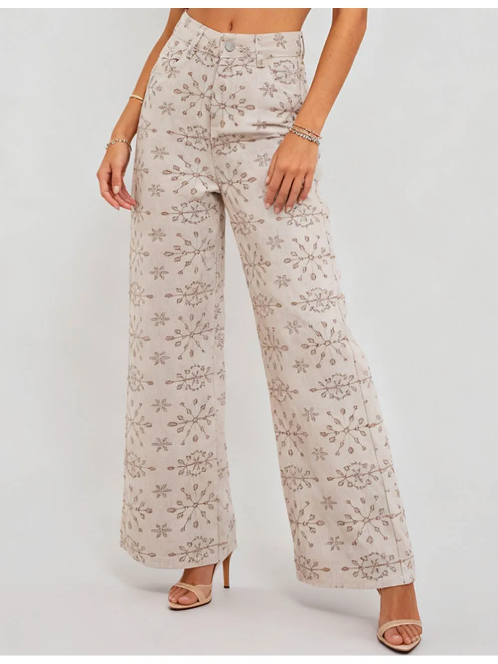 Geometric Jacquard Button Front Wide Leg Denim Pants