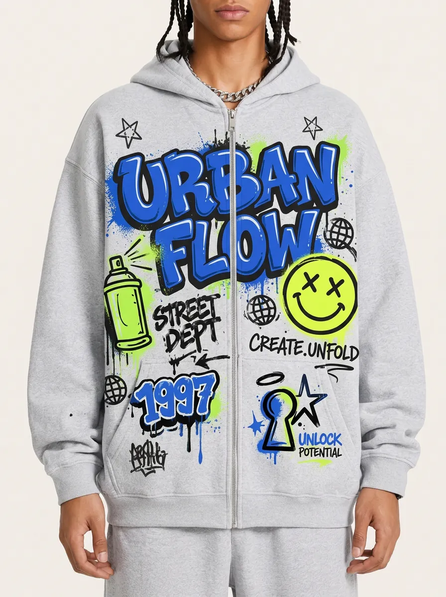 Men's Urban Streetwear Graffiti Smiley Printed Zip Up Hoodie