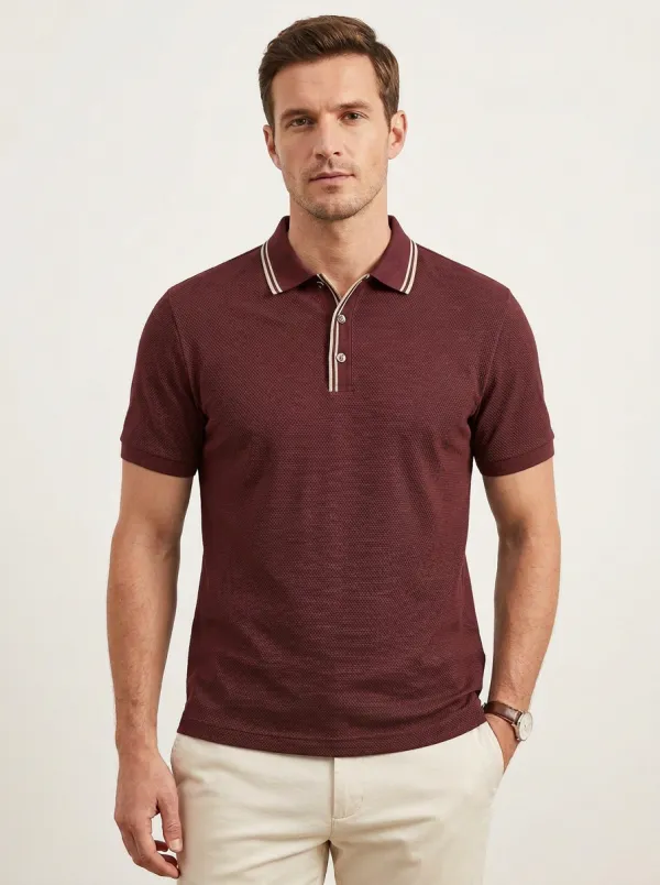 Men's Casual Business Textured Grey Striped Collar Polo Shirt