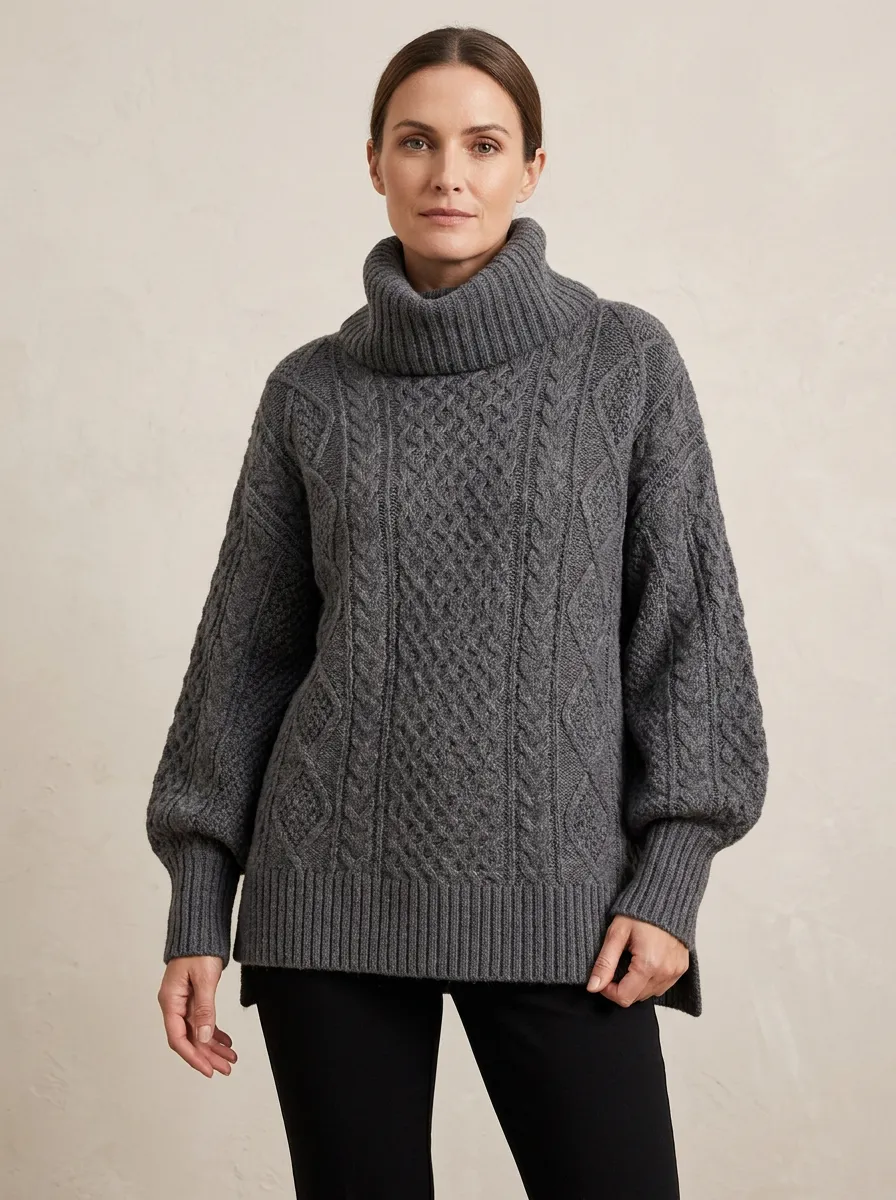 Women's Casual Winter Grey Cable Knit Patterned Turtleneck Sweater