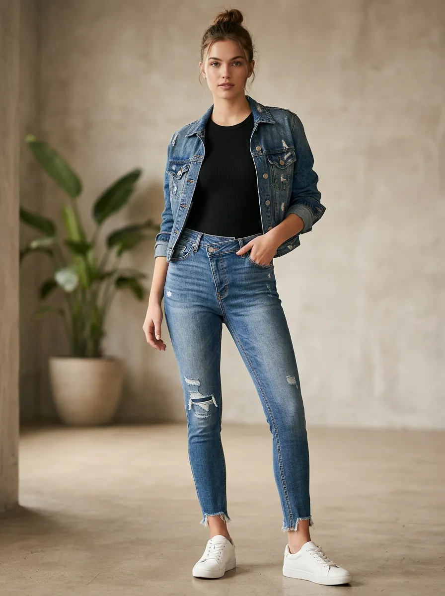 Women's Fashion Cross-Waist Button-Fly High-Rise Jeans