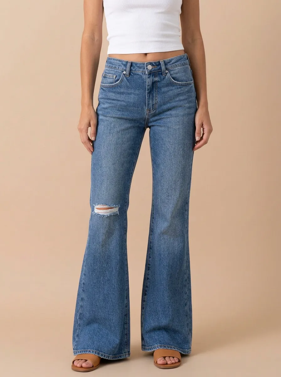 Women's Mid-Rise Right-Knee Rip Faded Flare Jeans
