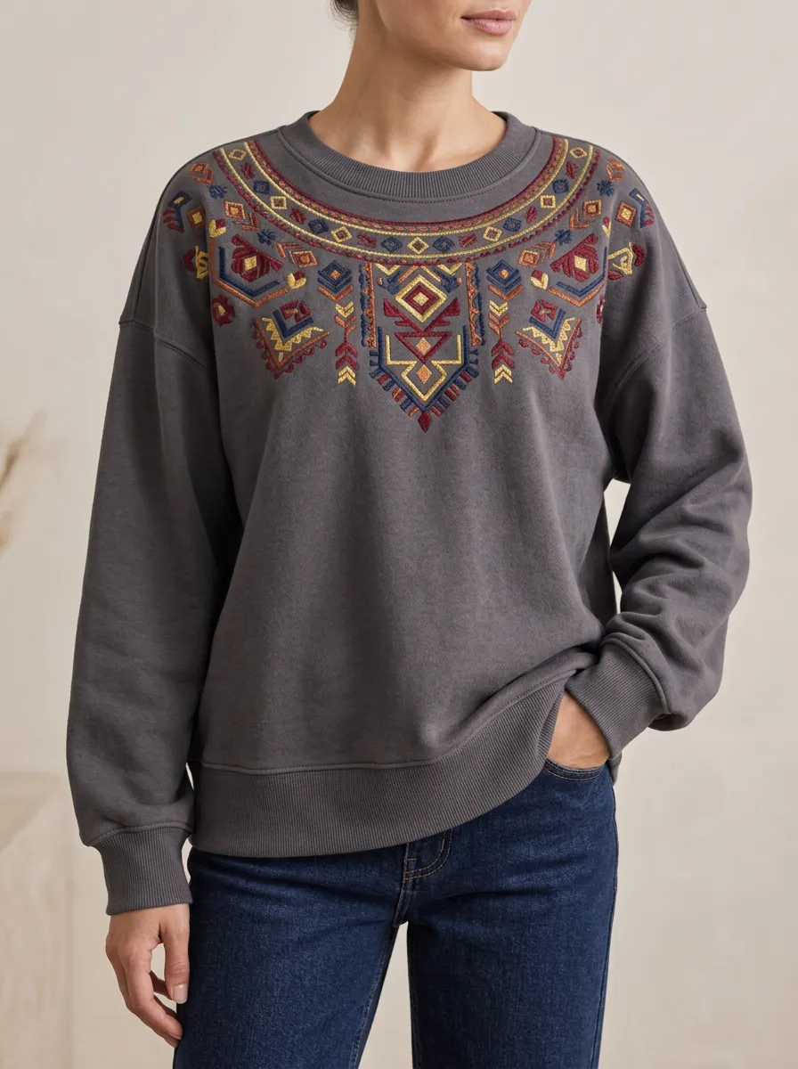 Women's Boho Inspired Geometric Embroidered Crewneck Sweatshirt