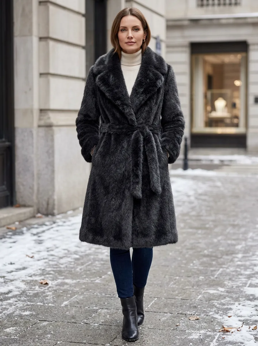 Streamlined Belted Faux Fur Coat
