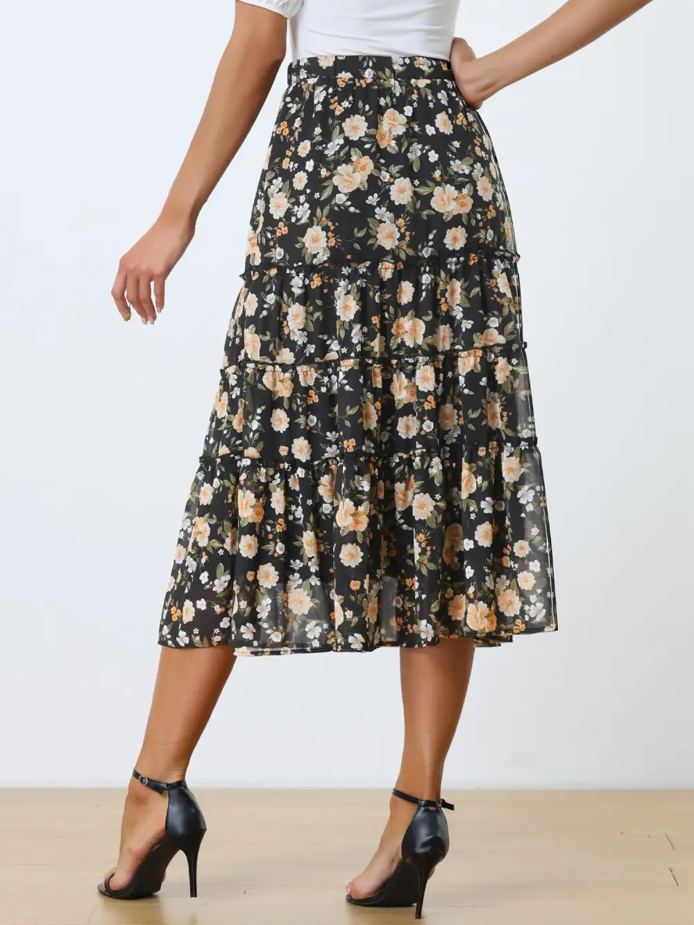Chiffon Floral-Print Long Tiered Ruffle Boho Midi Skirt