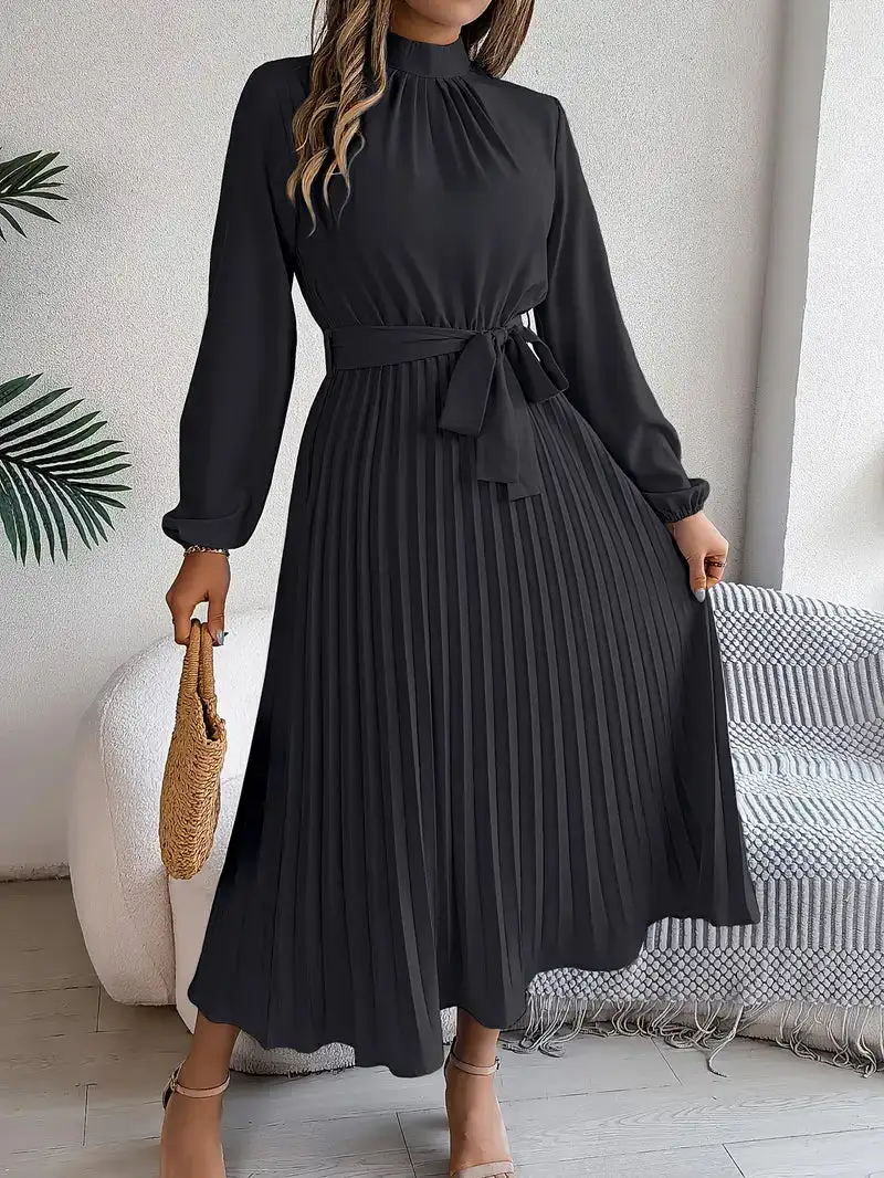  Long Sleeve Pleated Midi Dress