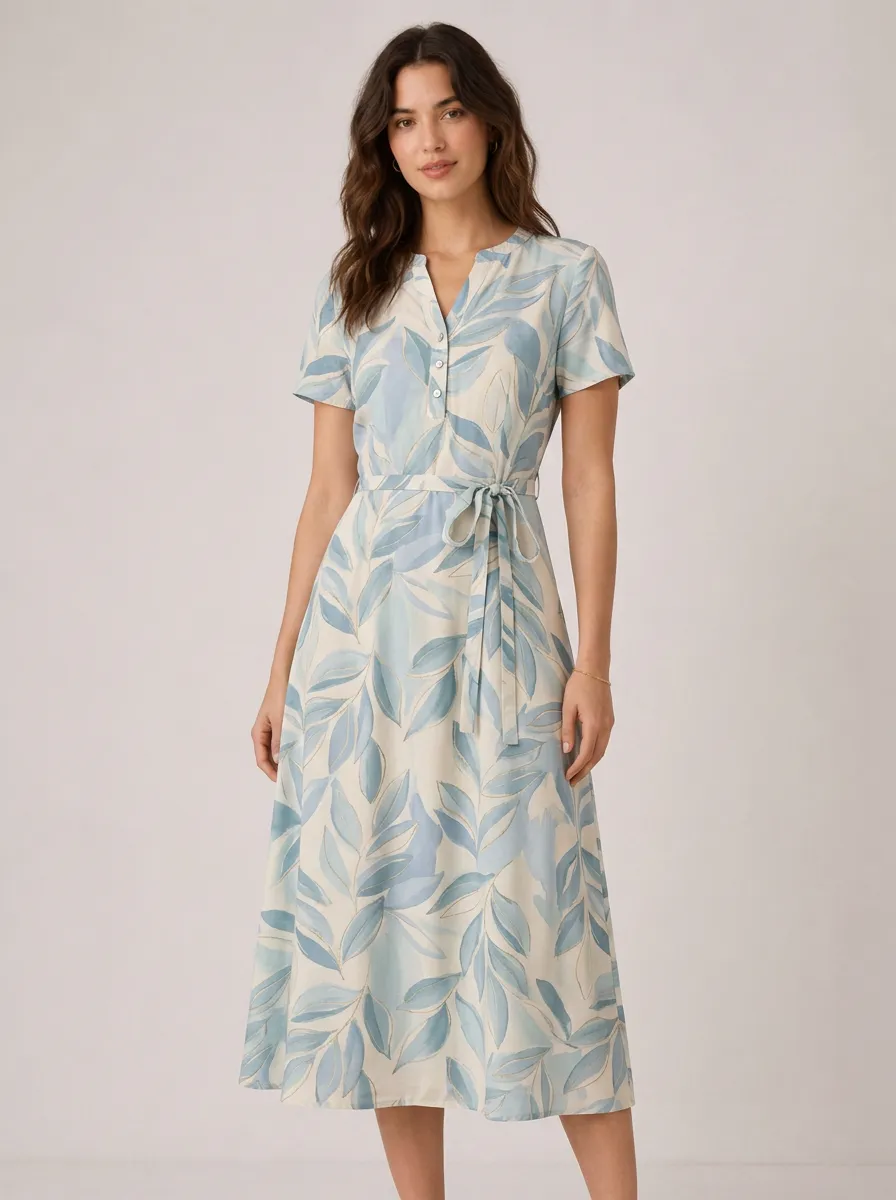 Women's Botanical Lover Blue Leaf Printed Midi Dress