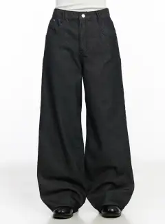 Stitch-Detail Solid Wide Leg Jeans