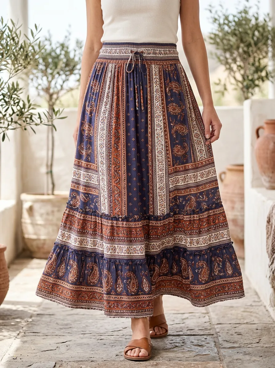 Women's Paisley Print Tiered Maxi Skirt