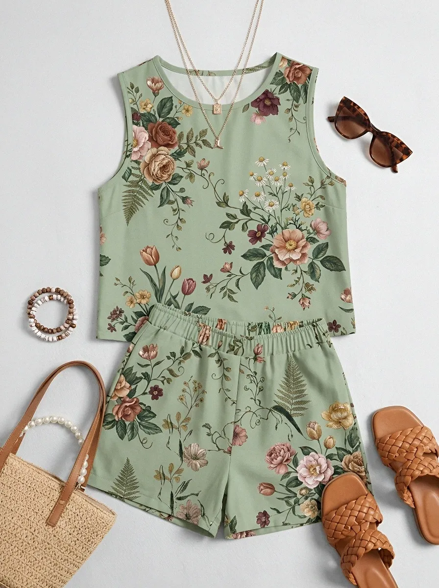 Women's Floral Garden Vintage Rose Printed Sleeveless Short Set