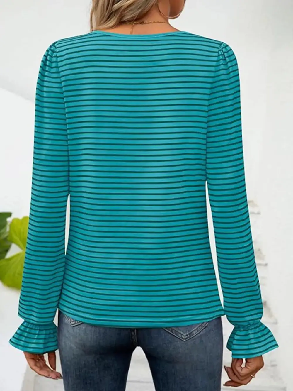 Striped Long Sleeve T-Shirt with Square Neckline