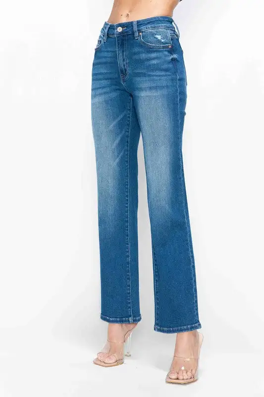 High-Rise Washed Stretch Straight Leg Jeans