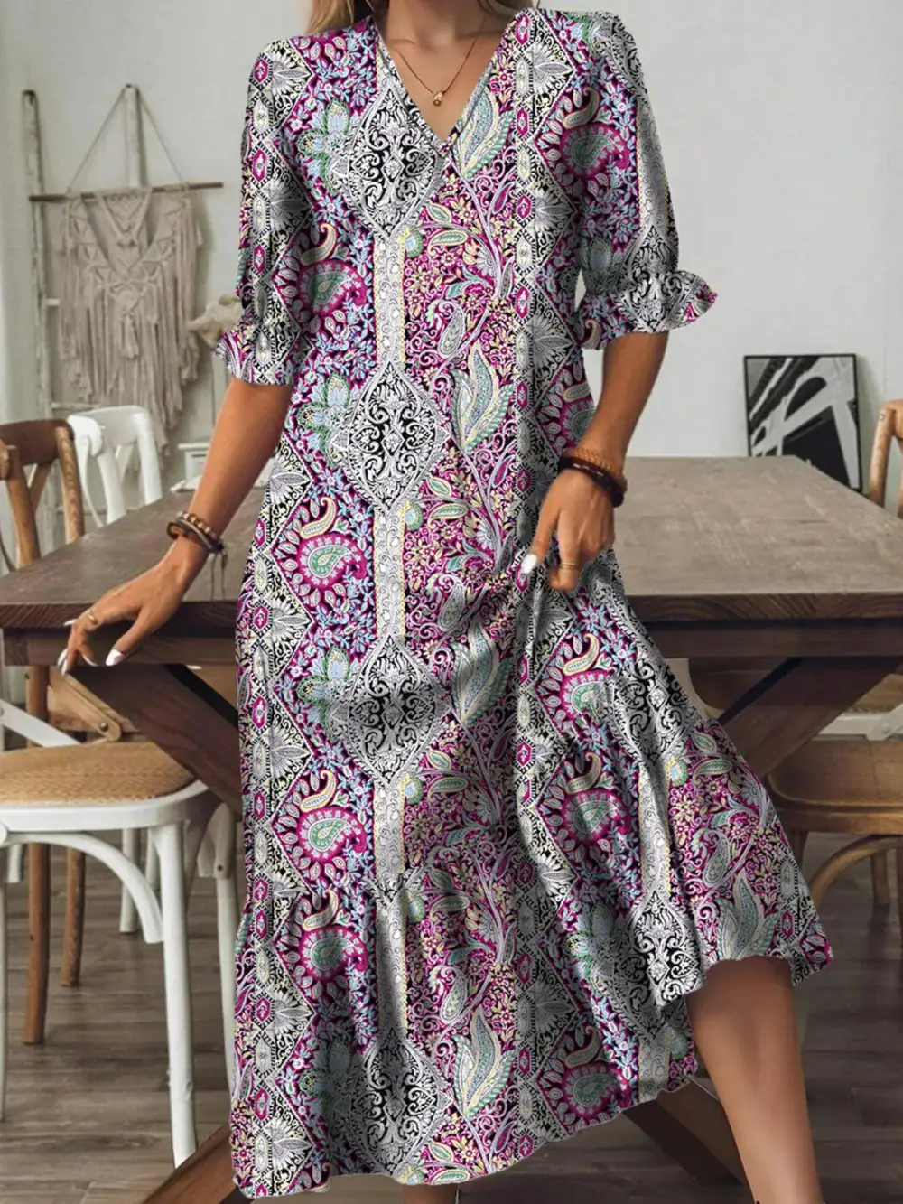Wearable Cut Paisley Print V Neck Midi Dress