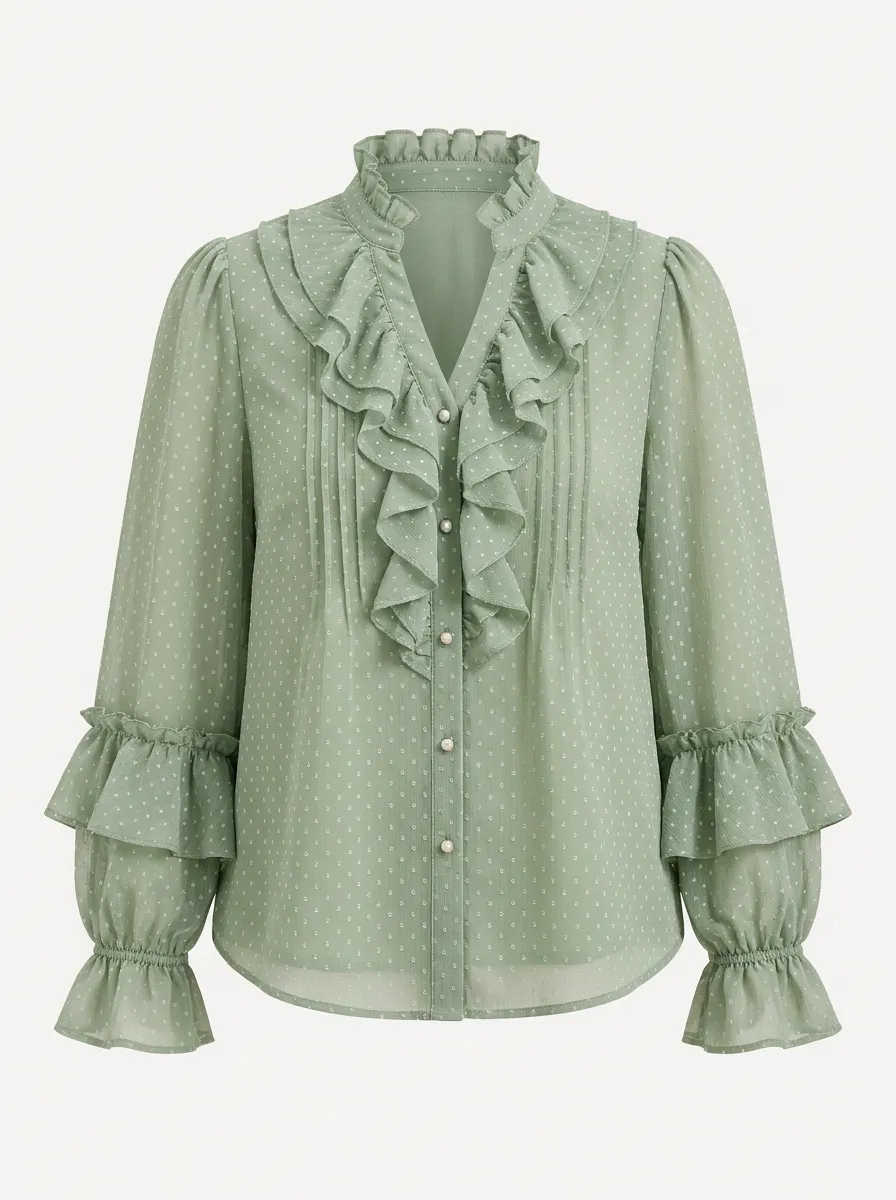 Women's Vintage Ruffle Swiss Dot Printed Blouse