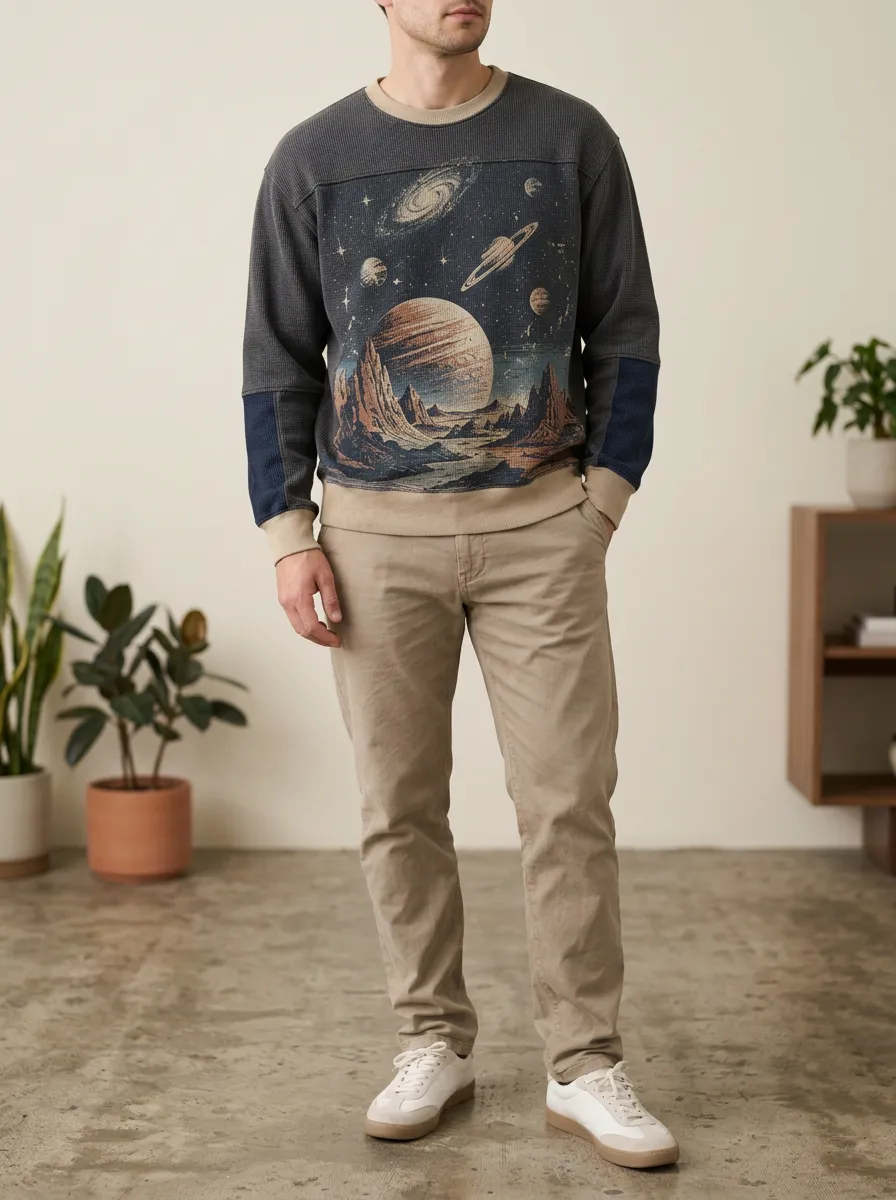 Men's Charcoal Graphic Waffle Knit Printed Crewneck Sweatshirt