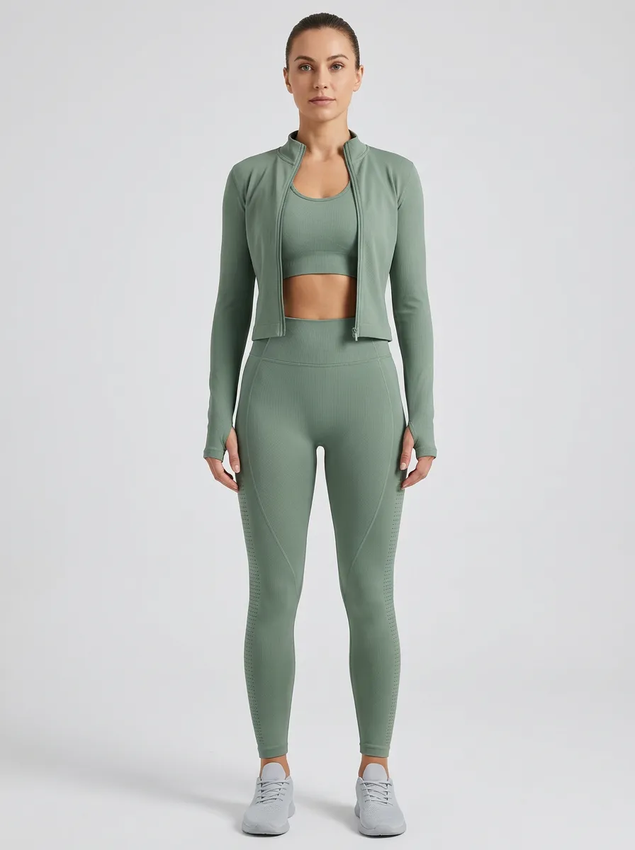 Performance-Inspired Ribbed Texture Seamless Design Design Women's Three Piece Activewear Set