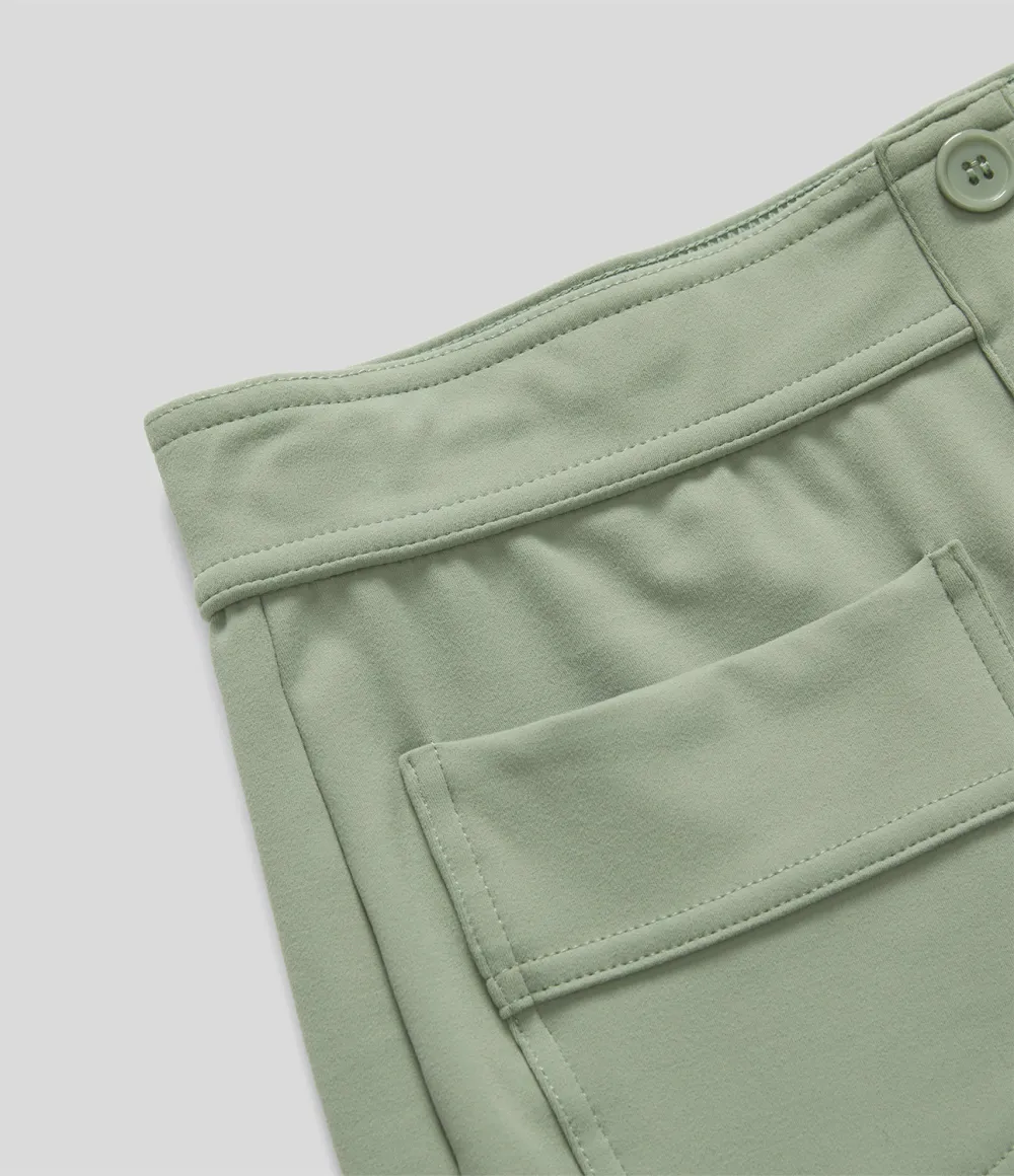 High Waisted Button Multiple Pockets Straight Leg Casual Pants