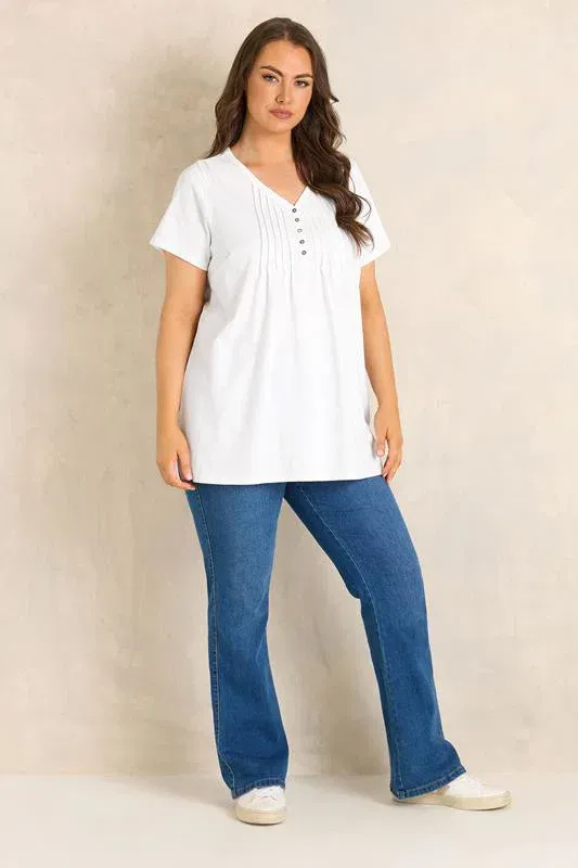 White Short Sleeve Cotton Henley Top