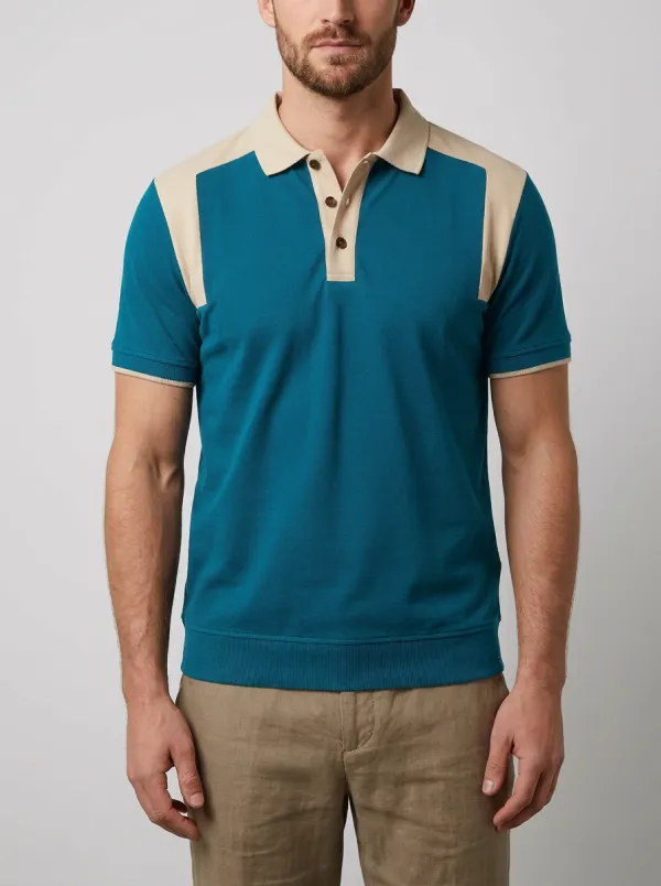 Men's Casual Navy Beige Colorblock Contrast Trim Polo Shirt