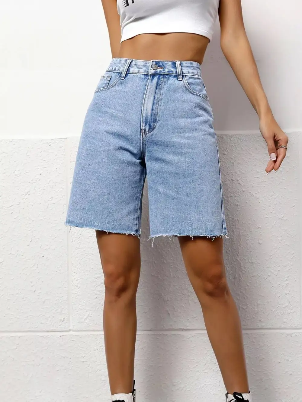 High-Waist Raw-Hem Pocketed Cotton Denim Shorts