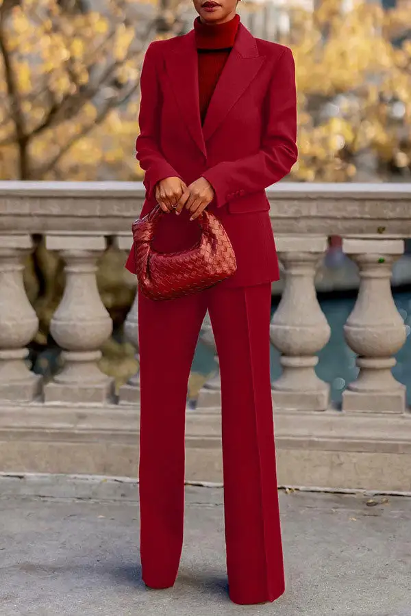 Wine Red Peak Lapel Long Sleeve Pant Set