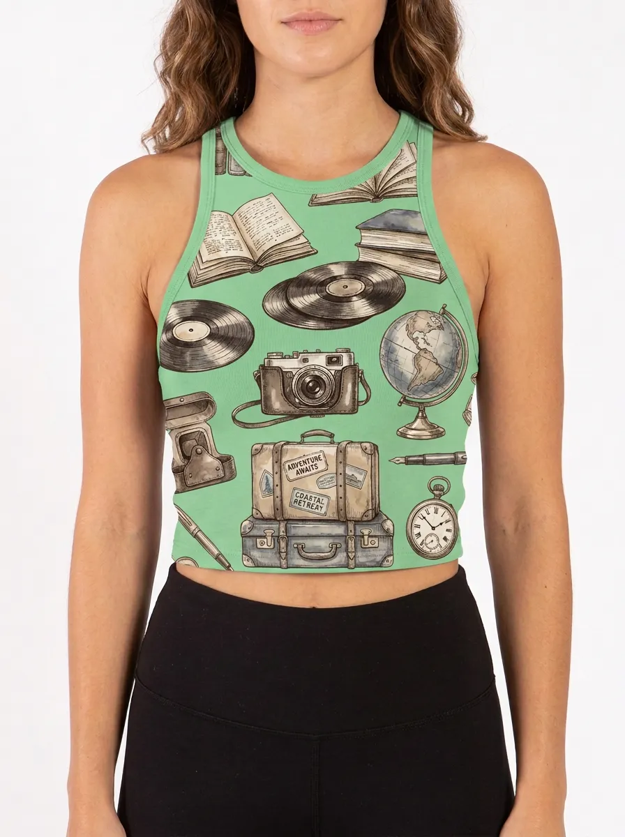 Women's Travel Inspired Vintage Objects Printed Crop Tank Top